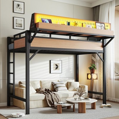 Metal Loft Bed Twin XL size Loft Bed Frame w/Storage Shelves & Pegboard Natural