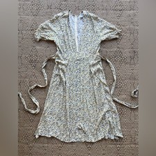 Faithfull the Brand Blue Yellow Flora Dress Cottagecore Plunge Neck Midi