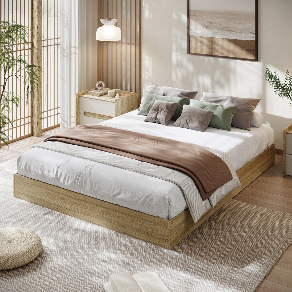 ウッドプラットフォームベッド　クイーンサイズ FULL TWIN QUEEN KING Size Bed Frame Wooden Platform Bed w/ Slats