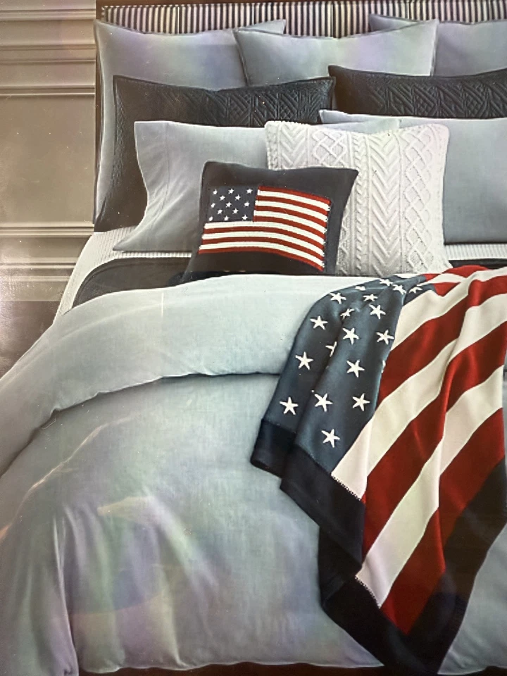 New Ralph Lauren Home Queen Flat Sheet Workshirt Chambray Blue