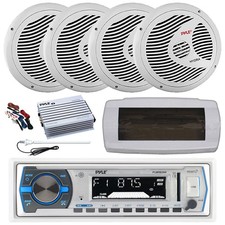 Pyle Bluetooth Marine Radio,Cover,Antenna,Amp w/Kit, 4x 6.5'' 150W White Speaker