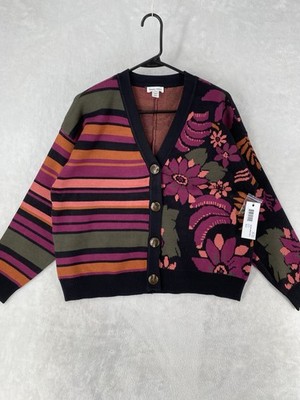Tribal Sweater Womens Small Floral Stripe Double Knit Combo Print Cardigan $145