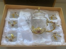 Clear Glass Teapot Set with 6 Cups, Gold Floral Bee Pattern, Lid & Handle