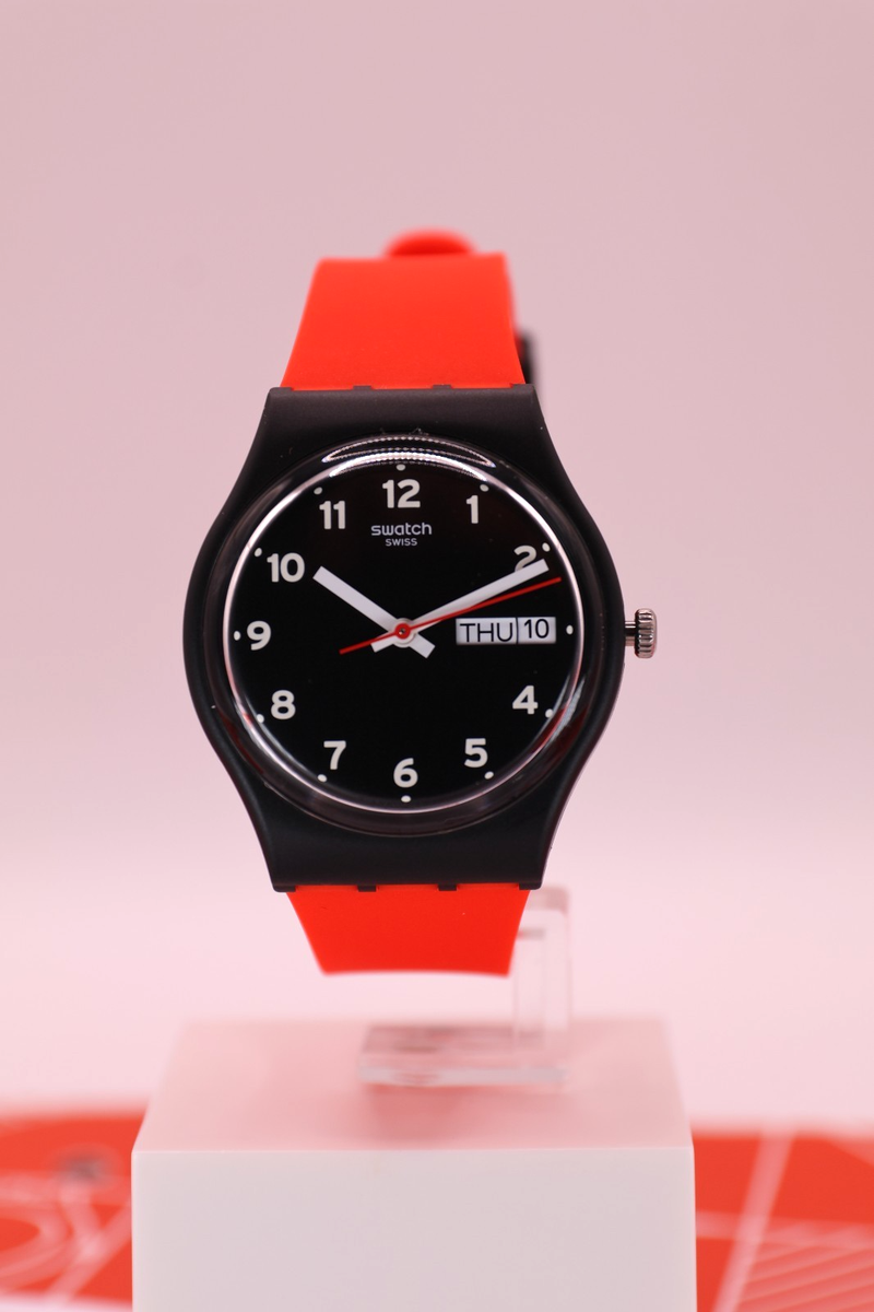 New Swiss SWATCH Originals Red Grin Black Day-Date Silicone Watch 34mm  GB754 LIM