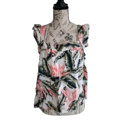 LOFT Linen Blend Tropical Bird of Paradise Top, Size Medium