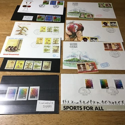 7 cricket/sports first day covers mnh stamps Gibraltar Singapore Suriname etc