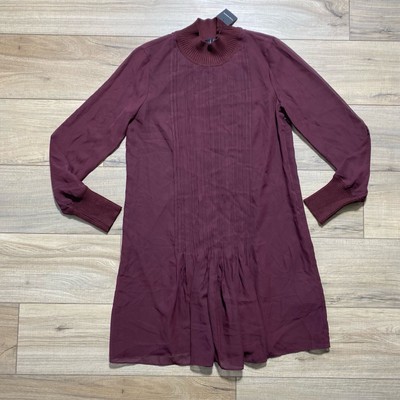Club Monaco Womens Pintuck Rib Dress Size 4 Burgundy Relaxed Fit Mockneck