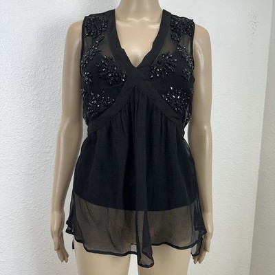 Plenty Tracy Reese Black Chiffon Beaded  babydoll Top Whimsigoth Fairy Y2k Retro