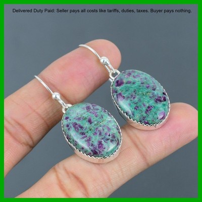 Sterling Silver Ruby Fuchsite Stone Sister Anniversary Dangle Earrings Jewelry