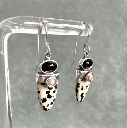 Modernist SAW. Dalmatian Jasper Black Onyx Pearl Earrings Sterling Silver - Picture 4 of 13