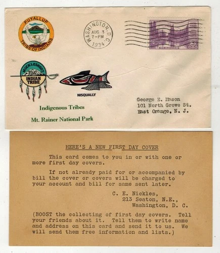 1934 NATIONAL PARKS 742 INDIGENOUS INDIANS RARE HPS ADDON 1/1 MOUNT RAINIER WA