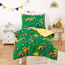 - Dinosaur Toddler Bedding Set for Boys, Colorful Dino Race Car, 4 Pieces Sof...