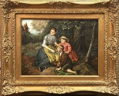 ANTQ 19th C European School Realistic Genre O/B ''Mother And Children'' Signed!