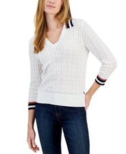 Tommy Hilfiger Women's Cotton Striped-Collar Cable-Knit Sweater SZ L White 69.5