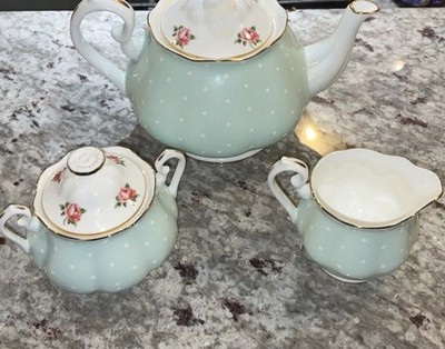Royal Albert Polka Rose Mint Green 3 Pc Tea Set Teapot Sugar Creamer Bone China