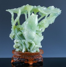 FINELY CARVED CHINESE LIGHT GREEN JADE CARP FISH FIGURE WITH LOTUS CARVING 