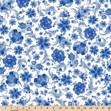 Porcelaina Folk Floral White Blue Cotton Quilt Fabric Sale 5503WB By half yard