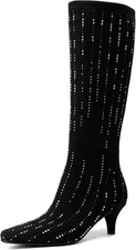GOSERCE Black Rhinestone Knee High Boots for Women Suede Long Heel Boot... 