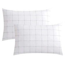 100 Natural Cotton Plaid Standard Pillowcases Set 2 Pack White with Black Gr...