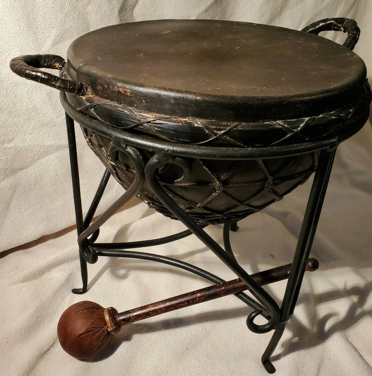 Antique Metal Hide Leather Drum Ethiopia Africa Metal Stand Mallet 12