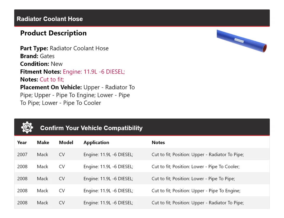 Puertas de manguera de refrigerante de radiador diésel Mack CV 11,9 L-6 2007-2008 Foto 2 de 4