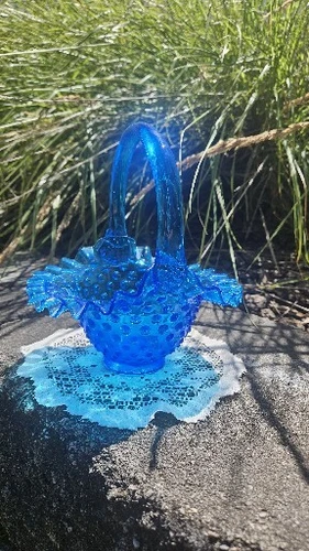 Fenton Hobnail Blue Glass Basket w/Handle & Ruffled Edge w/Glow. Stamped Vintage