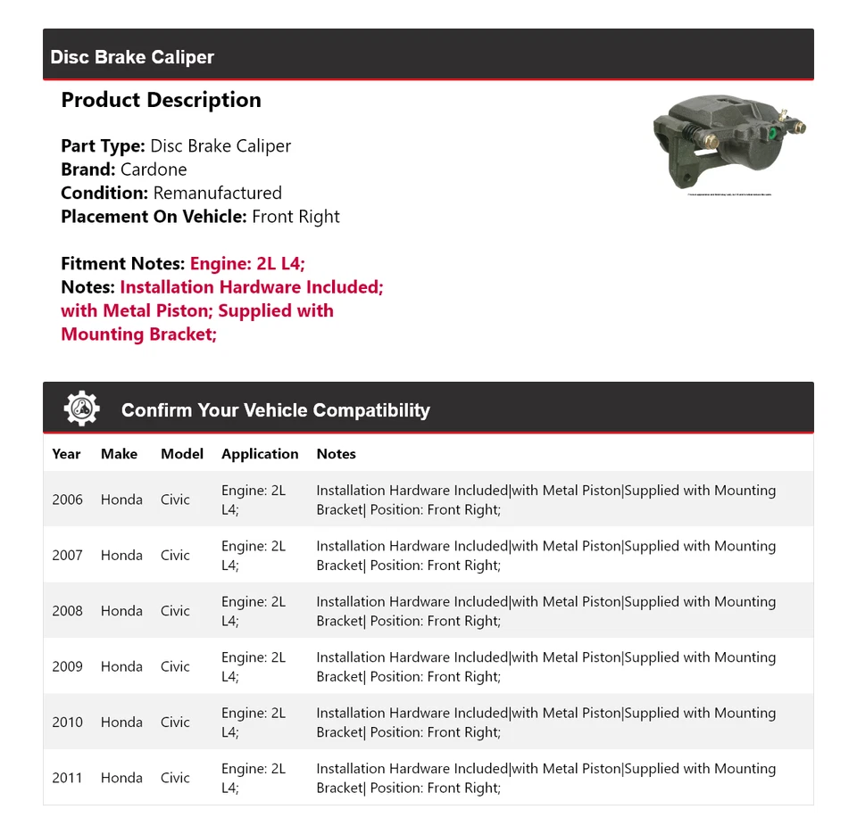 Pinza de freno de disco delantera derecha Cardone 2007 2008 para Honda Civic 2L L4 2006-2011 Foto 2 de 4