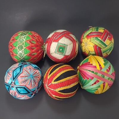 Set of 6 Handcrafted Tamari Handball Japanese Woven Thread 3'' Ornaments Colorful