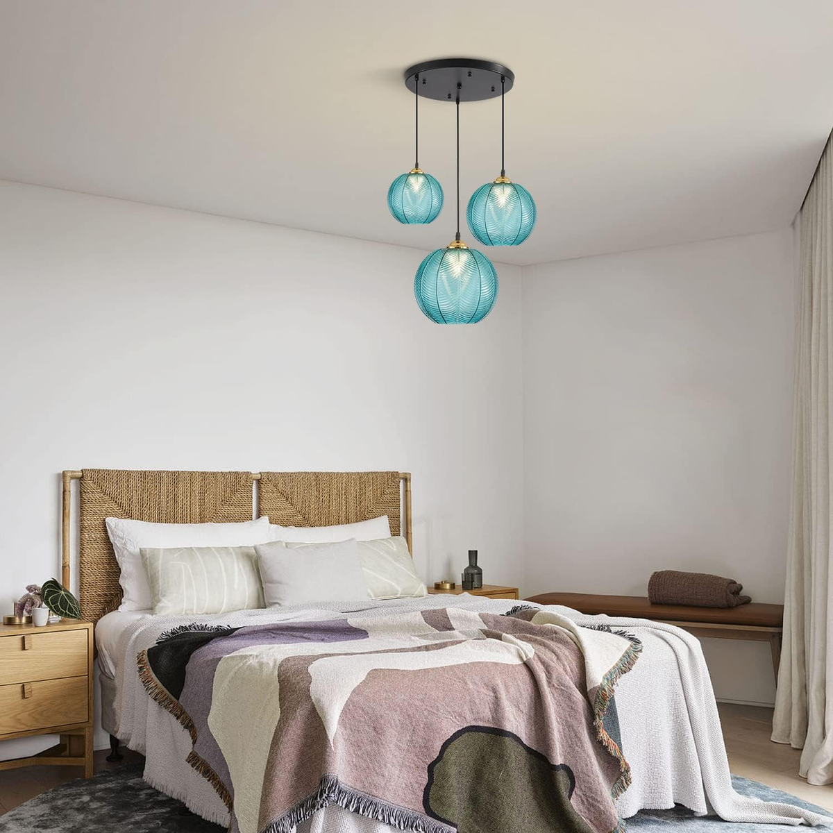 Lighting Modern 3-Light Blue Striped Glass Pendant Light Fixture