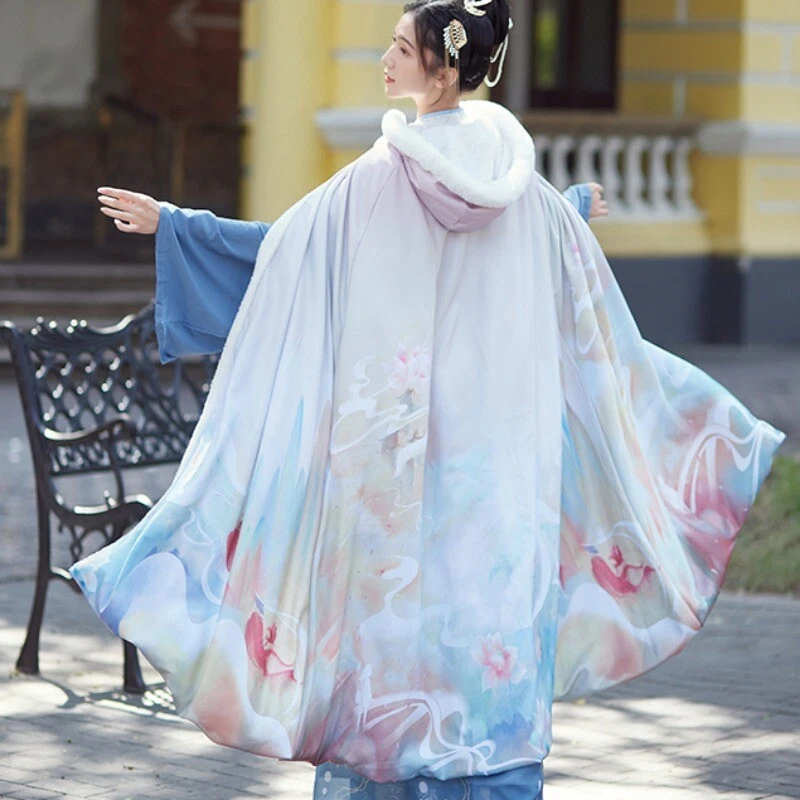 Femme Long Cape Capuche Chinois Manteau Bord Fourrure Polaire