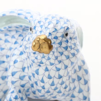 Herend Blue Fishnet with Gold ''Rabbit with Paw Up'' Porcelain Figurine