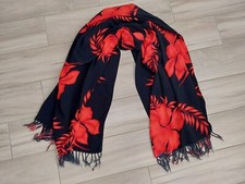 Black/Red Hibiscus Floral Woven Rayon Fringed Shawl Scarf Pareo Wrap Size 62x39