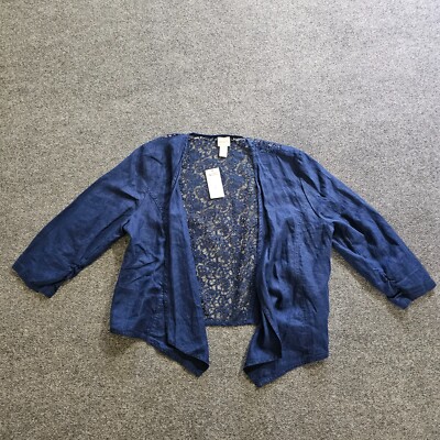 Chicos Top Womens Large Blue Linen Shrug Lace 3/4 Sleeve