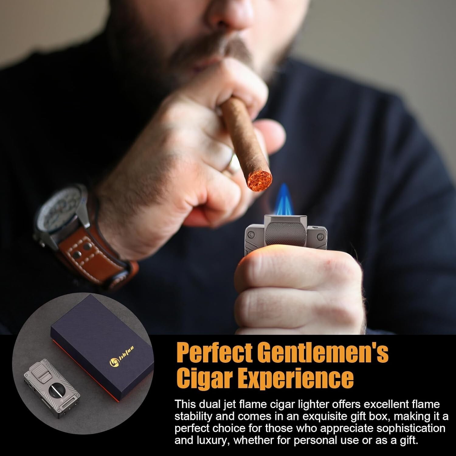 Cigar Torch Lighter, All-in-1 Cigars Lighter Built-in Holder , Double Jet Flame