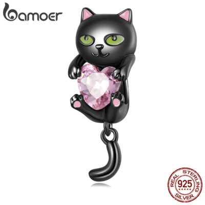 Bamoer Verspielter Smart Black Cat Bead Armband Charm aus 925 Sterling Silber