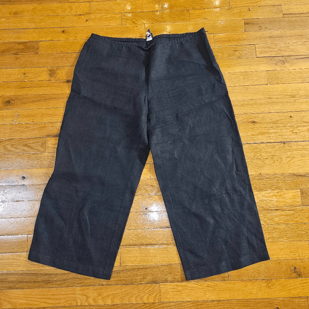 Eileen Fisher Size Large Irish Linen Wide Leg Pants Cropped Crop Black High Rise