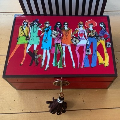 Henri Bendel New York Izak Zenou Party Girls Red Lacquered Jewelry Box w/ Key