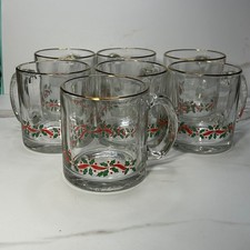 Vintage Christmas Glass Mugs Set of 7 Holly Berry Red Ribbon Gold Rim USA Made