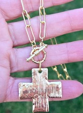 Gold Textured Cross Paperclip Chain Toggle Necklace Textured Pendant