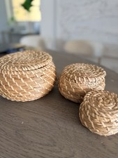 Set of 3 Handwoven Lidded Wicker Baskets Natural Boho Storage Nesting Decor