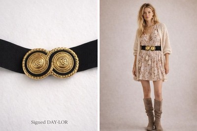 Vintage DAY-LOR Gold Medallion Black Elastic Belt 70s 80s Statement Signed