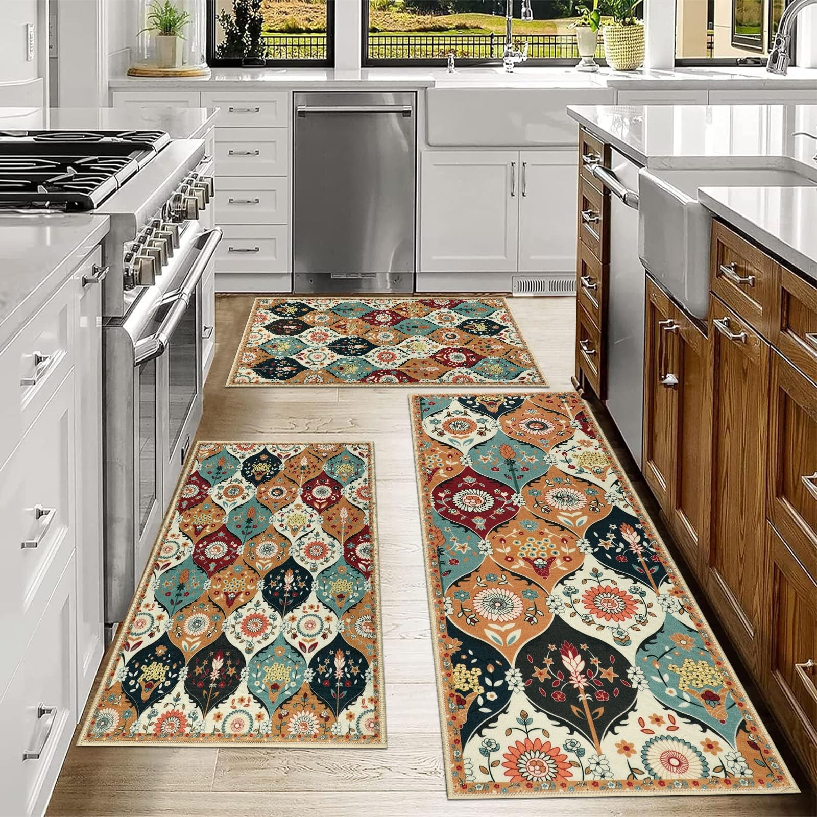 Moroccan Trellis Non-Slip Kitchen Rug Set of 3 Washable Floor Mats