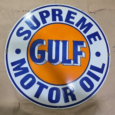 GULF SUPREME MOTOR OIL PORCELAIN ENAMEL SIGN 29 X 29 INCHES