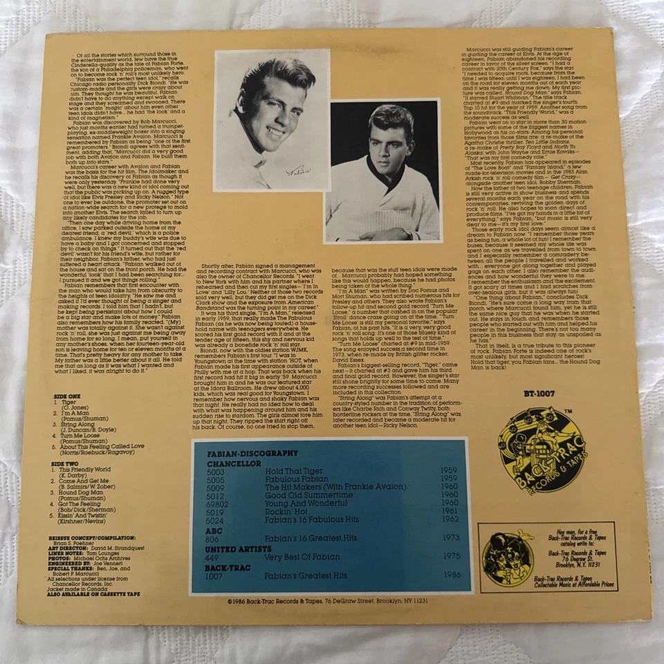FABIAN Fabian’s Greatest Hits LP Vinyl  NM R&R oldies Elvis   - Image 2 of 4