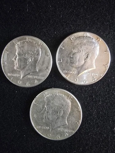 Lot of 3 1964 Kennedy Half Dollars 90% Silver US 50 Cent Coins