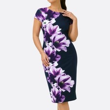 Vince Camuto Cap Sleeve Dress Navy Purple Floral Large 0X Dark Botanical Chic