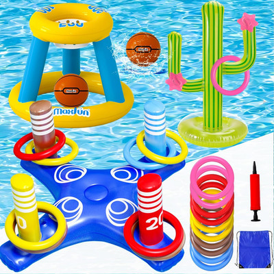 Inflatable Pool Games Set Ring Toss Basketball Hoop Water Toys 3piece