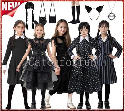Kinder Addams Familie Wednesday Kostüm Cosplay Perücke Fancy Kleid Karneval