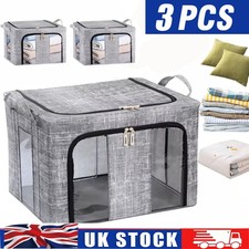 3PCS 66L Folding Storage Box Thick Fabric Steel Frame Wardrobe Organizer Holder