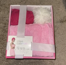 New Spa Essentials Plush Towel Wrap/ Hair Towel Twist/ Loofah GIFT BOX SET Pink